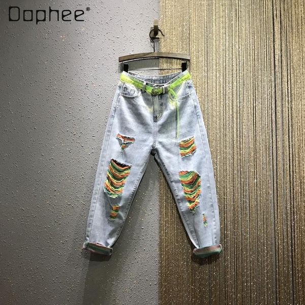 women's 2021 spring and summer colorful ripped rainbow beggar jeans high waist loose straight cropped harem pants tide, Blue
women's 2021 spring and summer colorful ripped rainbow beggar jeans high waist loose straight cropped harem pants tide, Blue