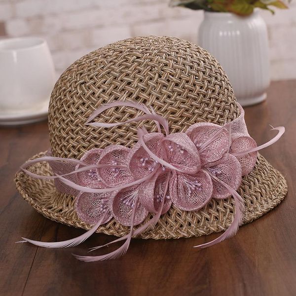 drop grade hollow out straw fedora hat women summer flower cloche hats 55-58cm wide brim, Blue;gray