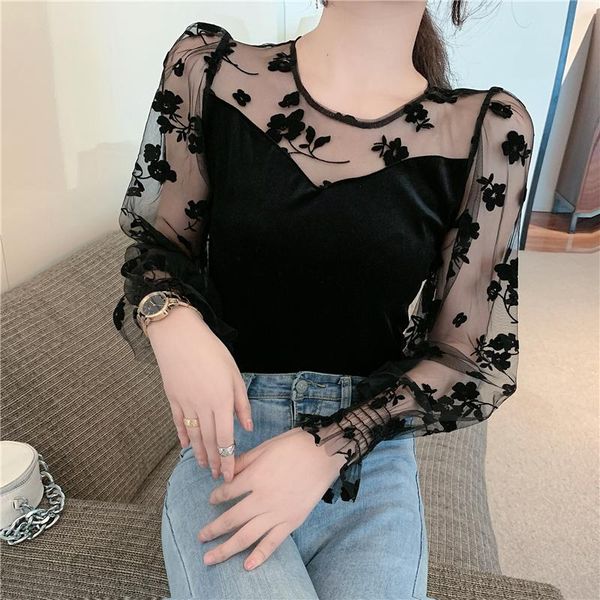 women's t-shirt autumn winter see-through velvet tshirt women stitching mesh flower long-sleeved bottoming shirt, White
women's t-shirt autumn winter see-through velvet tshirt women stitching mesh flower long-sleeved bottoming shirt, White