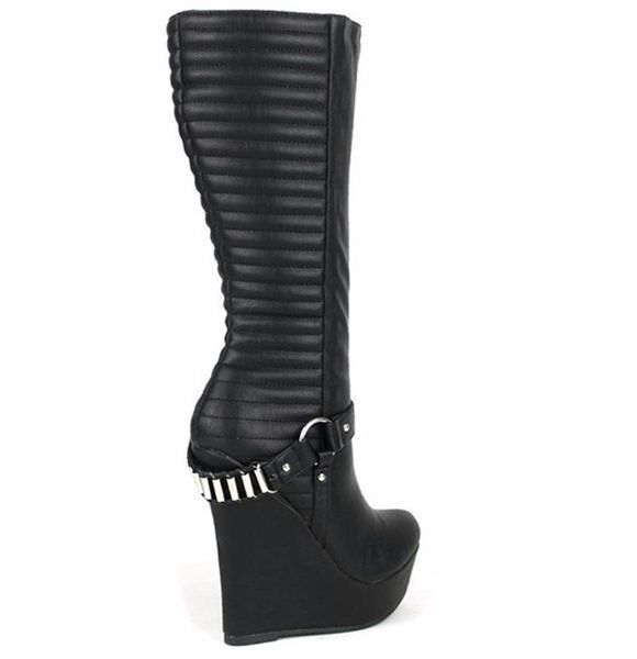 boots fashion woman back metal chains buckled platform super wedge mid-calf pointed toe slip on embossed patchwork shoes, Black
boots fashion woman back metal chains buckled platform super wedge mid-calf pointed toe slip on embossed patchwork shoes, Black