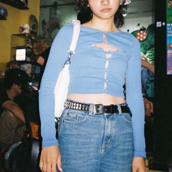 women's t-shirt blue hole cropped shirt o neck cut out fashion autumn elastic slim women knitted tee, White
women's t-shirt blue hole cropped shirt o neck cut out fashion autumn elastic slim women knitted tee, White