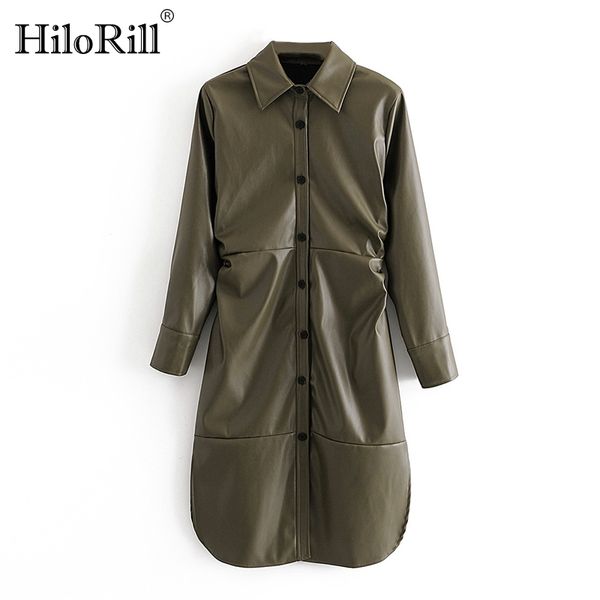 women army green pu shirt dress long sleeve faux leather turn down collar office split pleated es 210508, Black;gray
women army green pu shirt dress long sleeve faux leather turn down collar office split pleated es 210508, Black;gray