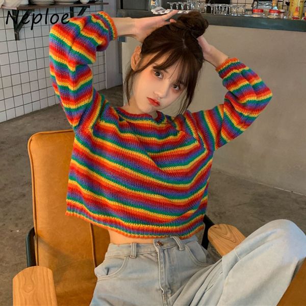 hongkong style autumn korean rainbow stripe long sleeve knitted pullovers women sweet loose sweaters 82351 210430, White;black
hongkong style autumn korean rainbow stripe long sleeve knitted pullovers women sweet loose sweaters 82351 210430, White;black