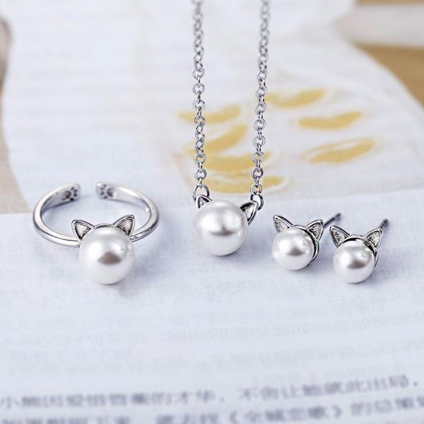 pendant necklaces korean cute pearl cat jewelry set necklace choker for women studs earrings rings charming temperament lady party gift, Silver
pendant necklaces korean cute pearl cat jewelry set necklace choker for women studs earrings rings charming temperament lady party gift, Silver