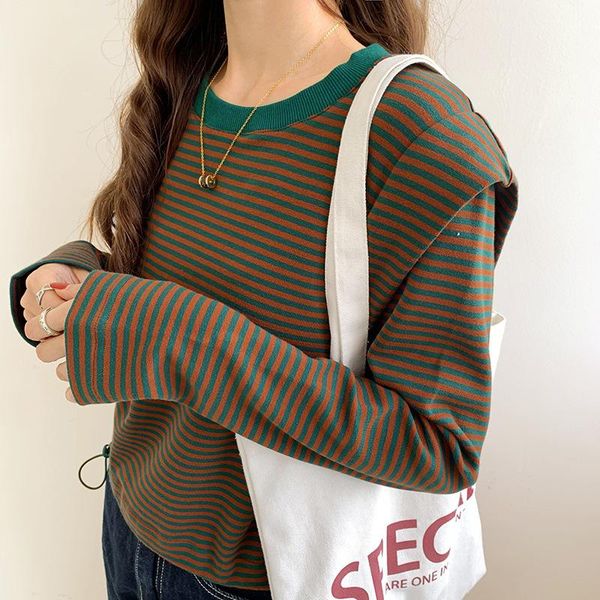 women's t-shirt 2021 ladies fashion high-quality simple round neck contrast color striped long-sleeved women, White
women's t-shirt 2021 ladies fashion high-quality simple round neck contrast color striped long-sleeved women, White