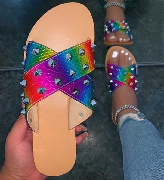 handmade rainbow color rivet cross band women slippers outside slides shoes summer sandals, Black
handmade rainbow color rivet cross band women slippers outside slides shoes summer sandals, Black