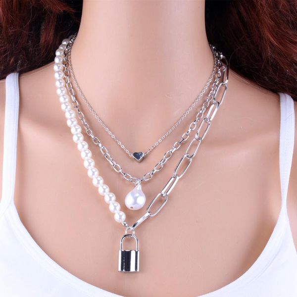 pendant necklaces japanese and korean retro baroque pearl small lock peach heart multi-layer necklace female fashion three-piece, Silver
pendant necklaces japanese and korean retro baroque pearl small lock peach heart multi-layer necklace female fashion three-piece, Silver