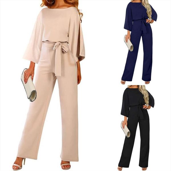 casual round neck three quarter womens jumpsuit sleeve solid color with belt long body manga larga e1, Black;white
casual round neck three quarter womens jumpsuit sleeve solid color with belt long body manga larga e1, Black;white