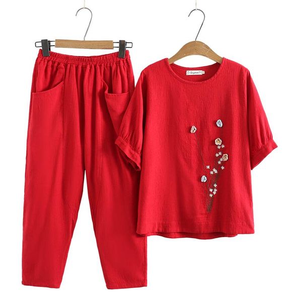 women's two piece pants summer women oriental style twinset green red blue purple flower embroidery blouse and cropped pant pieces suit, White
women's two piece pants summer women oriental style twinset green red blue purple flower embroidery blouse and cropped pant pieces suit, White