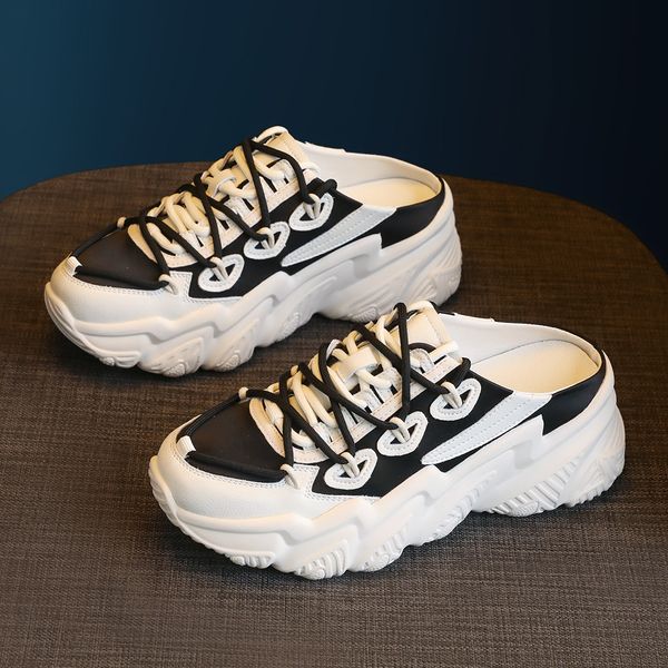 464748 size bahongly sports half slippers women 2021 spring summer slimming lazy thick bottom increased heel-toe cap dad shoes, Black;white
464748 size bahongly sports half slippers women 2021 spring summer slimming lazy thick bottom increased heel-toe cap dad shoes, Black;white