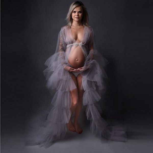 party dresses maternity shoot gray prom robes for women sheer long sleeve with ruffles tiered gowns tulle abiye vestido de fiesta, White;black 
party dresses maternity shoot gray prom robes for women sheer long sleeve with ruffles tiered gowns tulle abiye vestido de fiesta, White;black