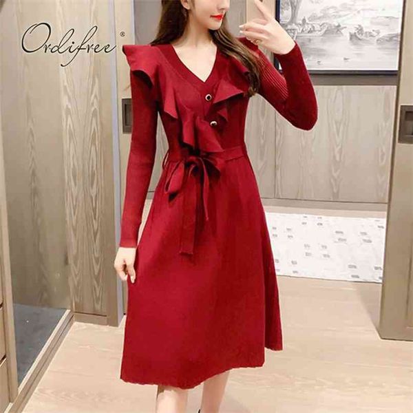 spring autumn women burgundy knitted dress ruffle belted tunic button vintage slim party midi 210513, Black;gray
spring autumn women burgundy knitted dress ruffle belted tunic button vintage slim party midi 210513, Black;gray