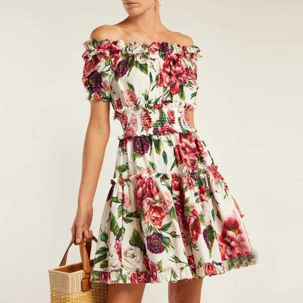 summer off shoulder beach party dresses women's charming rose flower print ruffles elastic waist short dress vestidos 210719, White;black
summer off shoulder beach party dresses women's charming rose flower print ruffles elastic waist short dress vestidos 210719, White;black