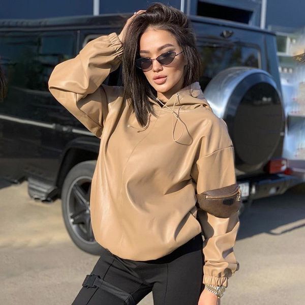 women's hoodies & sweatshirts fashionable casual pu leather round collar draw rope design solid color simplicity streetwear sweatshirt, Black
women's hoodies & sweatshirts fashionable casual pu leather round collar draw rope design solid color simplicity streetwear sweatshirt, Black