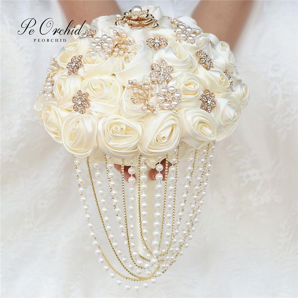 wedding flowers peorchid customized cream white/red bridal bouquet pearls brooch satin rose hand for brides