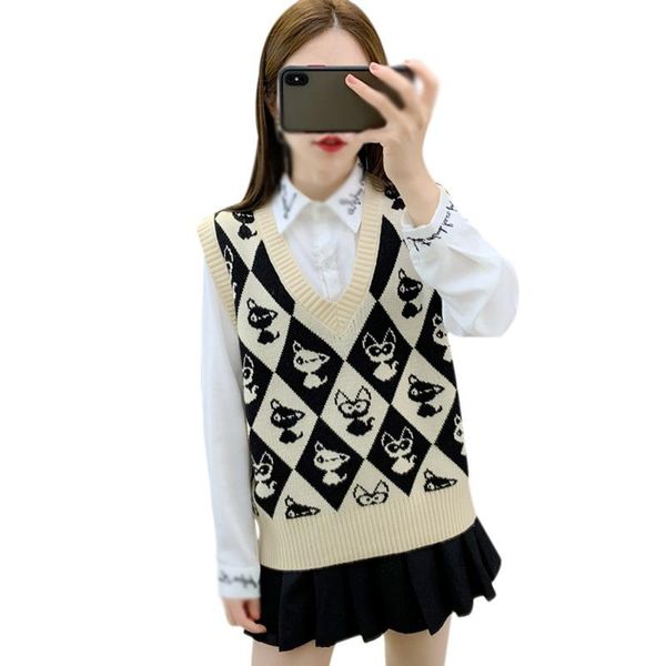 women's vests autumn korean style outer wear knitted cartoon print v-neck sleeveless vest sweater, Black;white
women's vests autumn korean style outer wear knitted cartoon print v-neck sleeveless vest sweater, Black;white