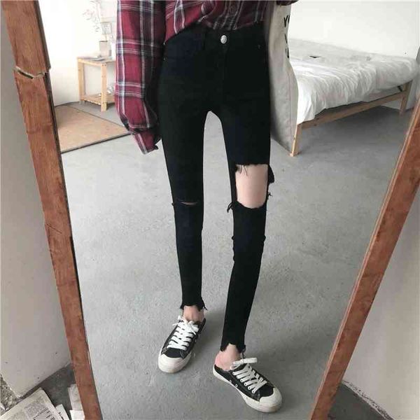 jeans ytx065 elastic black feet torn pants high waist thin nine denim points, Blue
jeans ytx065 elastic black feet torn pants high waist thin nine denim points, Blue