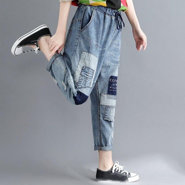 women's jeans autumn ethnic embroidery ankle length pants women cotton denim harem straight loose elastic waist trousers, Blue
women's jeans autumn ethnic embroidery ankle length pants women cotton denim harem straight loose elastic waist trousers, Blue