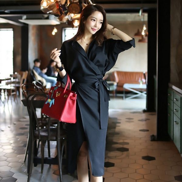 llzacoosh autumn korean temperament long sleeve v-neck cross dress long sleeve office party solid midi dress outwear with belt 210514, Black;gray 
llzacoosh autumn korean temperament long sleeve v-neck cross dress long sleeve office party solid midi dress outwear with belt 210514, Black;gray