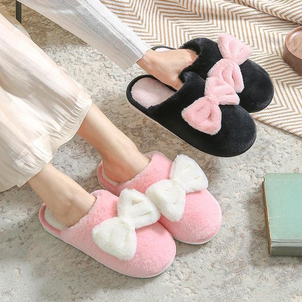 cute bow women warm striped slipper indoors anti-slip winter house shoes bedroom slippers cotton, Black