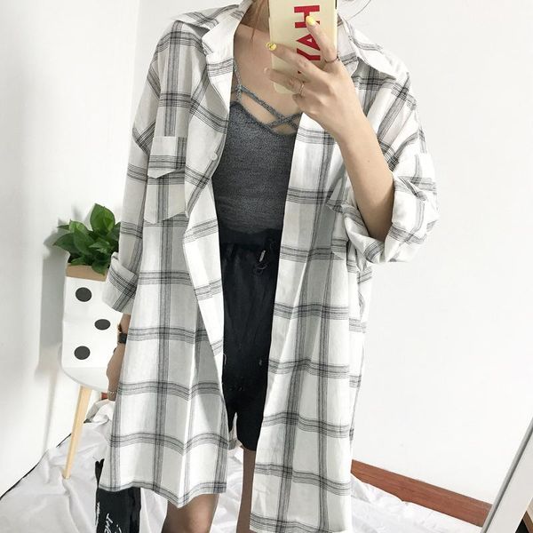women's blouses & shirts summer long loose falling shoulder sleeve lapel plaid pocket shirt women, White
women's blouses & shirts summer long loose falling shoulder sleeve lapel plaid pocket shirt women, White