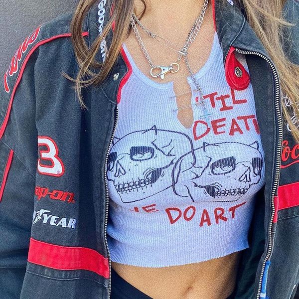 women's tanks & camis square collar trendy letter print with pin buckles tank women skull printed casual stretchy sleeveless crop top, White
women's tanks & camis square collar trendy letter print with pin buckles tank women skull printed casual stretchy sleeveless crop top, White
