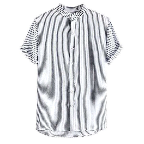 men linen shirts lightweight breathable striped short sleeve slim fit stand collar shirt male clothes 210527, White;black
men linen shirts lightweight breathable striped short sleeve slim fit stand collar shirt male clothes 210527, White;black