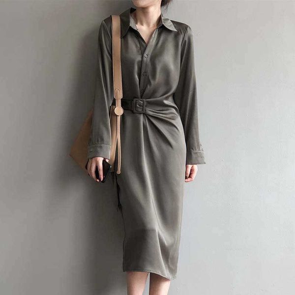 spring women elegant satin fashion single breasted shirt dress femme turn down collar lady casual midi dresses vestidos 210526, Black;gray
spring women elegant satin fashion single breasted shirt dress femme turn down collar lady casual midi dresses vestidos 210526, Black;gray
