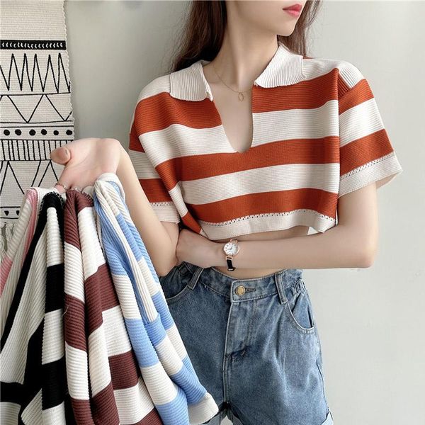 women's t-shirt knitted striped print women crop color contrast short sleeve v-neck y2k girls t shirt korean school fashion clothes, White
women's t-shirt knitted striped print women crop color contrast short sleeve v-neck y2k girls t shirt korean school fashion clothes, White