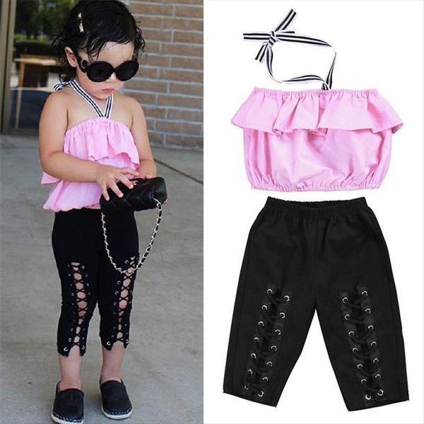 wholesale summer kids baby girls off shoulder crop t shirt bandage hollow long pants outfit clothes 1 6y, White 
wholesale summer kids baby girls off shoulder crop t shirt bandage hollow long pants outfit clothes 1 6y, White