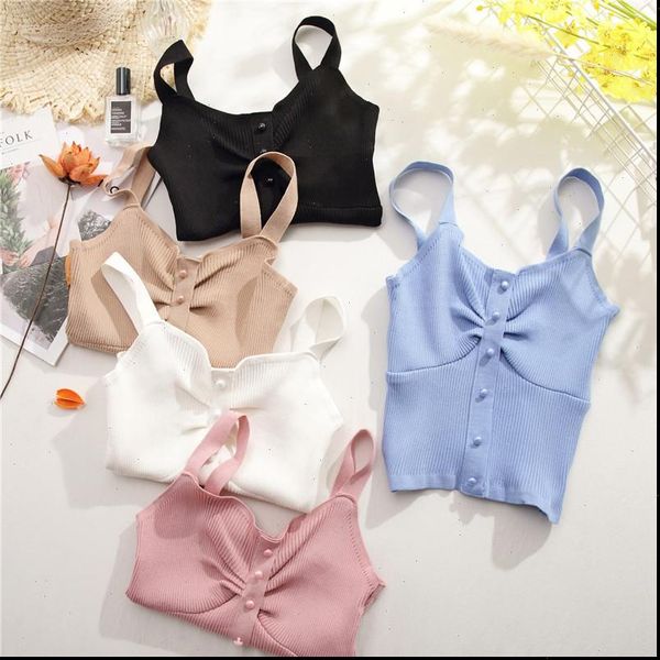 summer v neck buttoned up women cami crop pleated spaghetti, White