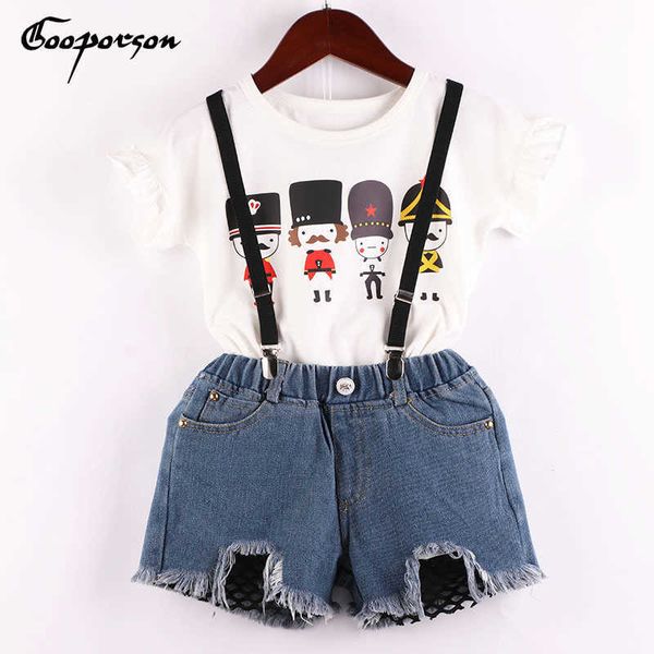 girls clothes set soldier printed white shirt and jeans shorts overall clothing suit summer fashion outfits baby kids clothes 210715
girls clothes set soldier printed white shirt and jeans shorts overall clothing suit summer fashion outfits baby kids clothes 210715