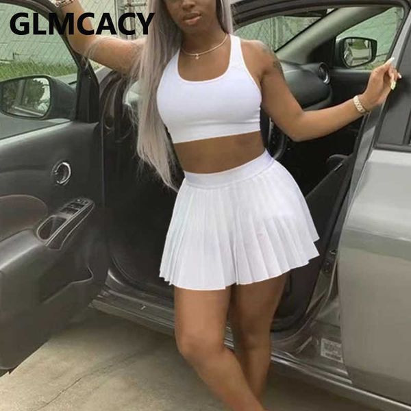 two piece summer chic suits crop & pleated mini skirt set 210702, White