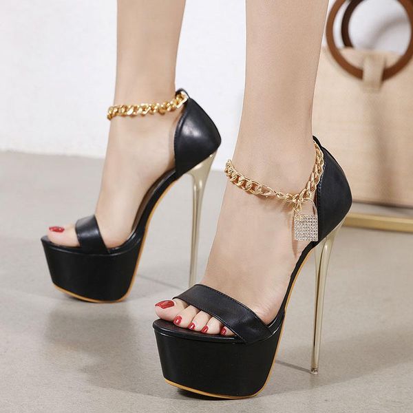 women sandals open toe ultra high heels 17cm shoes woman crystal metal chain platform nightclub party pumps sh, Black
women sandals open toe ultra high heels 17cm shoes woman crystal metal chain platform nightclub party pumps sh, Black