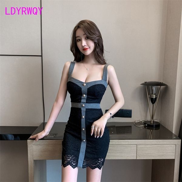 women's nightclub sling bottom lace stitched low chest dress office lady sheath sleeveless 210603, Black;gray
women's nightclub sling bottom lace stitched low chest dress office lady sheath sleeveless 210603, Black;gray