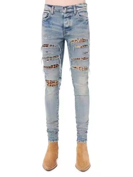men's jeans style high street leopard patchwork piercing patch do old washed european and american fashion brand poison, Blue
men's jeans style high street leopard patchwork piercing patch do old washed european and american fashion brand poison, Blue