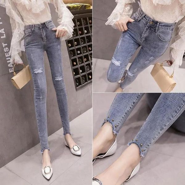 women's jeans denim light color cropped pants ripped tights retro pencil high stretch, Blue
women's jeans denim light color cropped pants ripped tights retro pencil high stretch, Blue