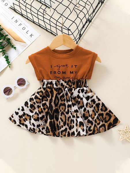 baby girl slogan & leopard spliced dress she, Red;yellow