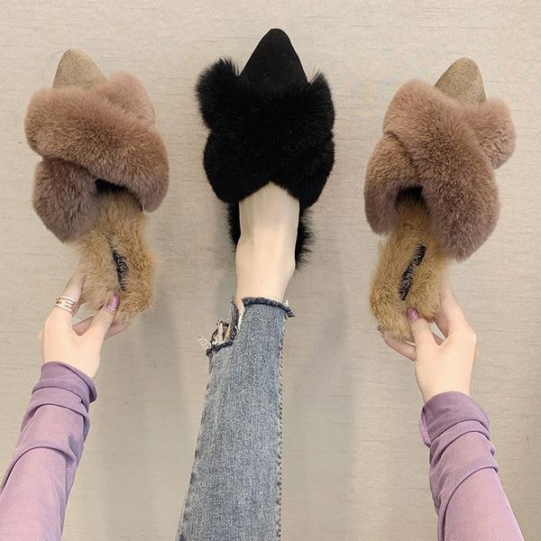 slippers flat shoes female fur basic short plush rubber with, Black 
slippers flat shoes female fur basic short plush rubber with, Black