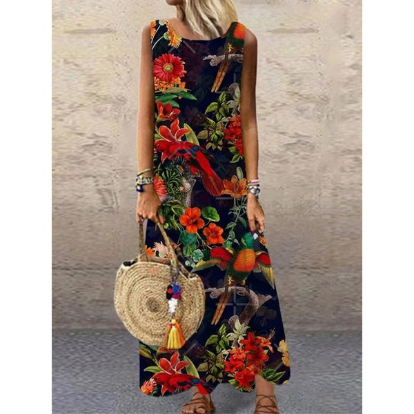 casual dresses sundress women summer dress 2021 printing midi plus size linen loose sleeveless printed long maxi, Black;gray
