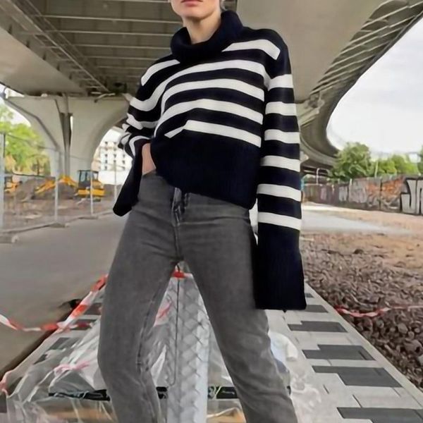 women's sweaters casual slit loose ladies fashion striped all-match turtleneck sweater women elegant warm long sleeve pullover, White;black
women's sweaters casual slit loose ladies fashion striped all-match turtleneck sweater women elegant warm long sleeve pullover, White;black