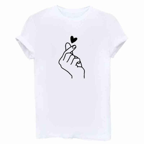women's t-shirt simple solid color waist closing finger heart movement print, White
women's t-shirt simple solid color waist closing finger heart movement print, White