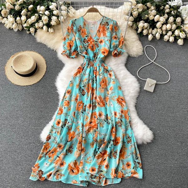 party dresses women chiffon print dress korean puff sleeve v neck elastic ruched a-line summer boho vacation long sundress, White;black
party dresses women chiffon print dress korean puff sleeve v neck elastic ruched a-line summer boho vacation long sundress, White;black