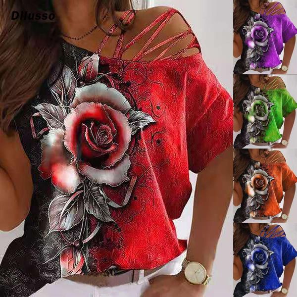 women's t-shirt rose print one side shoulder cut-out one-neck short-sleeved streetwear ladies pure color summer female t, White
women's t-shirt rose print one side shoulder cut-out one-neck short-sleeved streetwear ladies pure color summer female t, White
