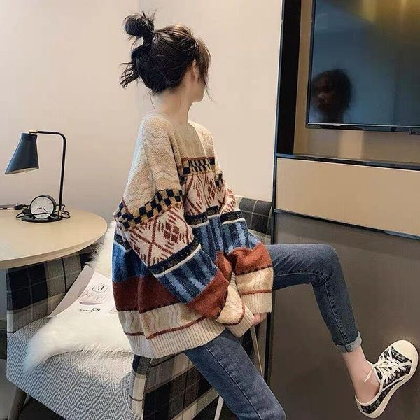 women's autumn and winter cocoon oil painting japanese retro sweater pullover loose lazy style sweaters, White;black
women's autumn and winter cocoon oil painting japanese retro sweater pullover loose lazy style sweaters, White;black