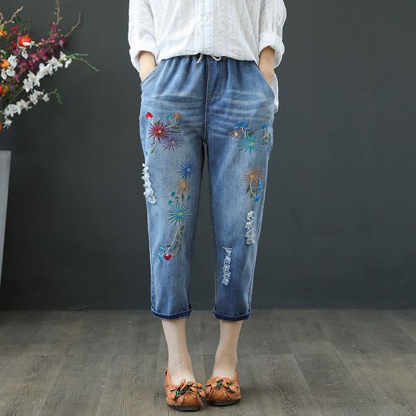 national style summer female brim pants plus size elastic waistline embroidery denihare torn jeans big vintage 6xl d131, Blue
national style summer female brim pants plus size elastic waistline embroidery denihare torn jeans big vintage 6xl d131, Blue