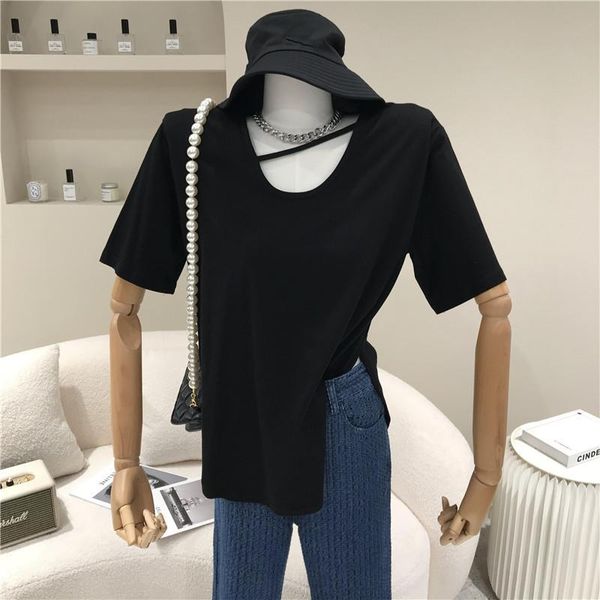 women's spring summer 2021 niche design fashion open neckline short sleeve t-shirt simple solid color loose top, White
women's spring summer 2021 niche design fashion open neckline short sleeve t-shirt simple solid color loose top, White