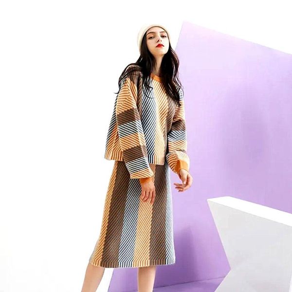 two piece dress elegant autumn and winter clothing set, retro striped loose sweater tailored knitted skirt suit, ladies suit ns212, White
two piece dress elegant autumn and winter clothing set, retro striped loose sweater tailored knitted skirt suit, ladies suit ns212, White