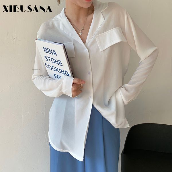 office lady white blouse for women summer long sleeve shirts female loose thin single-breated blusas with pockets 210423
office lady white blouse for women summer long sleeve shirts female loose thin single-breated blusas with pockets 210423