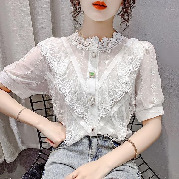 women's blouses & shirts ruffle lace elegantes ladies 2021 summer korean shirt short sleeve blouse camisas mujer woman 25h, White
women's blouses & shirts ruffle lace elegantes ladies 2021 summer korean shirt short sleeve blouse camisas mujer woman 25h, White